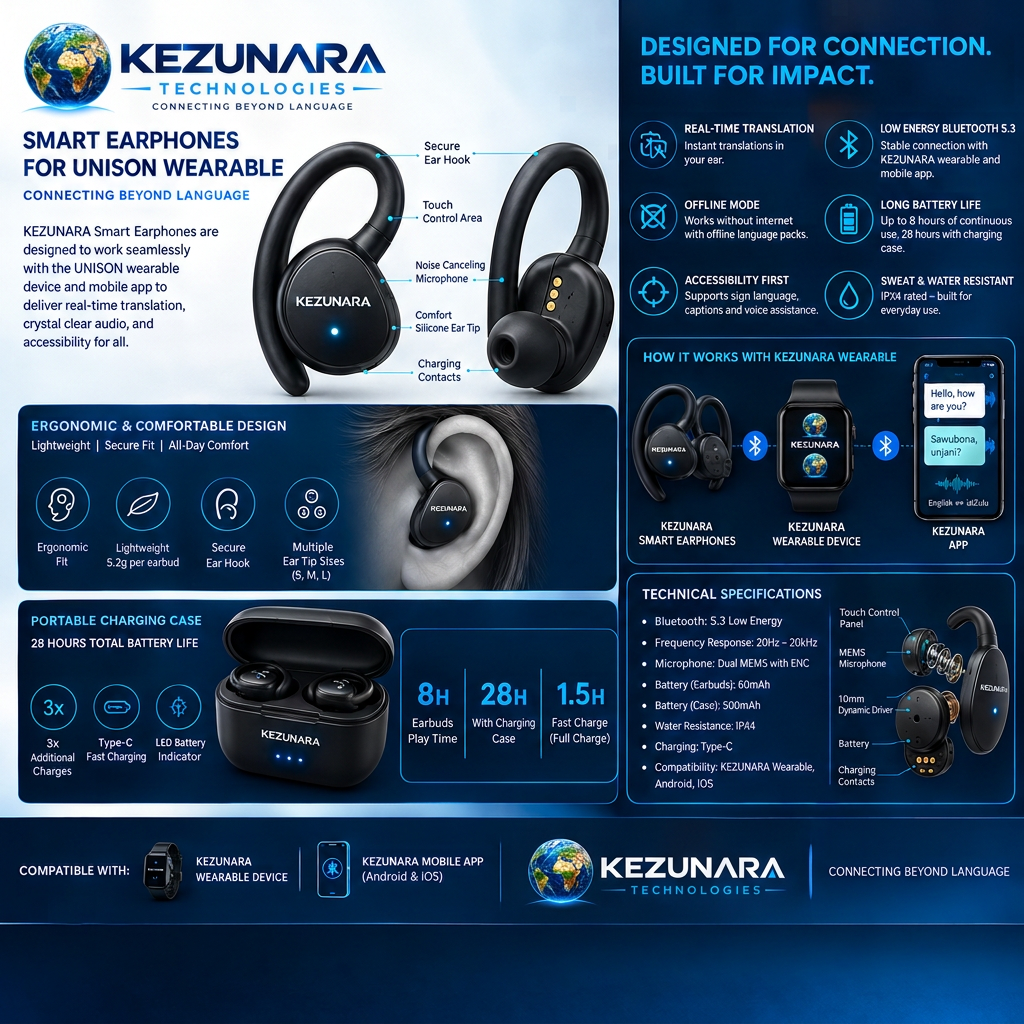 KEZUNARA Smart Earphones — how the earbuds work with the KEZUNARA wearable and mobile app for real-time translation, offline mode, accessibility, and all-day battery life